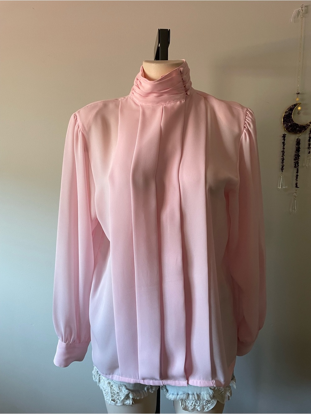 80s Vintage Tradewinds Pink High Neck Pleated Button Down Blouse Plus Size 14